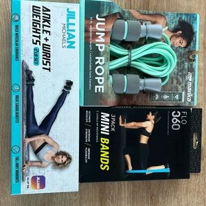 Mini Bands , ankle wrist weights ,jump rope 3 items in a New package deal.